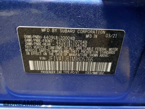 2021 Subaru WRX Limited с VIN JF1VA1J61M9805766, выставлен на аукционе Copart как лот 55856735 с пробегом 19 141 миль миль и Списание • Salvage title. История ставок и продаж доступна на DreamBid. Изображение 12.