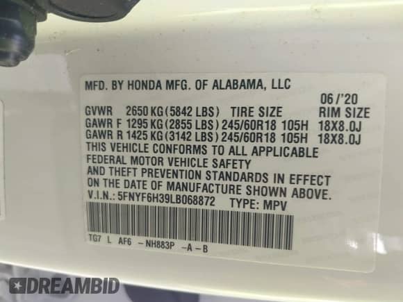 2020 Honda Pilot EX с VIN 5FNYF6H39LB068872, выставлен на аукционе IAAI как лот 42540906 с пробегом 120 566 миль миль и . История ставок и продаж доступна на DreamBid. Изображение 9.