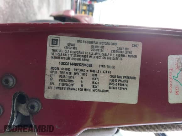 1997 Chevrolet S-10 LS с VIN 1GCCS1449VK204088, выставлен на аукционе IAAI как лот 41959703 с пробегом 191 650 миль миль и . История ставок и продаж доступна на DreamBid. Изображение 9.