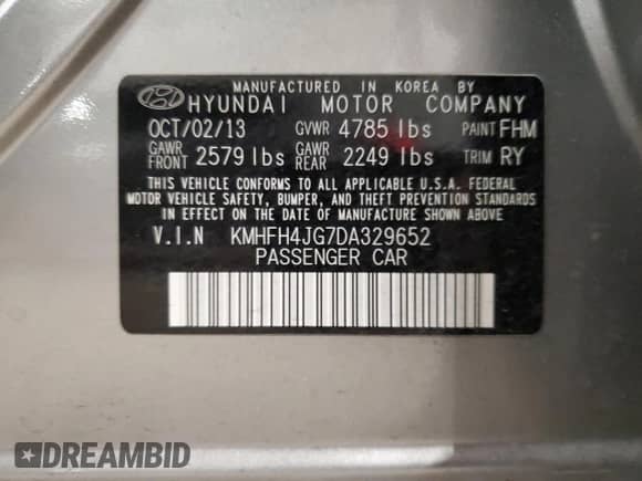 2013 Hyundai Azera с VIN KMHFH4JG7DA329652, выставлен на аукционе Copart как лот 74567364 с пробегом 136 578 миль миль и Чистый • Clean title. История ставок и продаж доступна на DreamBid. Изображение 12.