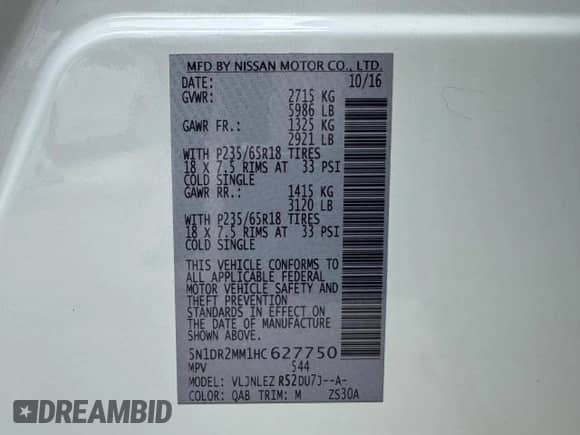 2017 Nissan Pathfinder Platinum с VIN 5N1DR2MM1HC627750, выставлен на аукционе Copart как лот 69041845 с пробегом 83 893 миль миль и На запчасти • Non repairable. История ставок и продаж доступна на DreamBid. Изображение 15.