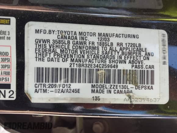2004 Toyota Corolla CE with VIN 2T1BR32E34C259649, listed as a IAAI auction lot 43214240 with 184,252 mi miles and . Bid and sale history available at DreamBid. Image 9.