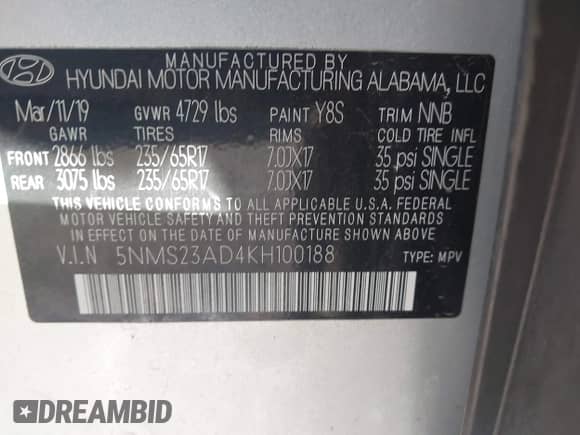 2019 Hyundai Santa Fe SE with VIN 5NMS23AD4KH100188, listed as a IAAI auction lot 43374582 with 88,759 mi miles and . Bid and sale history available at DreamBid. Image 9.