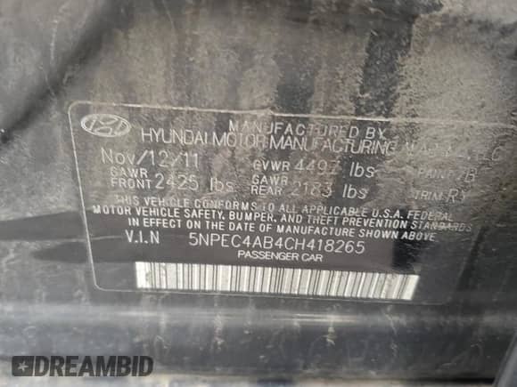 2012 Hyundai Sonata SE с VIN 5NPEC4AB4CH418265, выставлен на аукционе Copart как лот 87255355 с пробегом Не указан миль и Списание • Salvage title. История ставок и продаж доступна на DreamBid. Изображение 12.