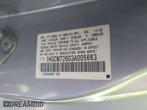 2003 Honda Accord EX with VIN 1HGCM72603A005663, listed as a IAAI auction lot 42317319 with 164,966 mi miles and . Bid and sale history available at DreamBid. Image 9.