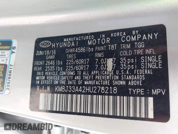 2017 Hyundai Tucson SE z VIN KM8J33A42HU278218, wystawiony jako IAAI lot #43516506 z przebiegiem 162 909 mil mil oraz . Historia ofert i sprzedaży dostępna na DreamBid. Obrazek 9.