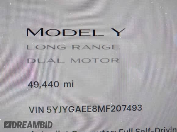 2021 Tesla Model Y Long Range с VIN 5YJYGAEE8MF207493, выставлен на аукционе IAAI как лот 43261396 с пробегом 49 440 миль миль и . История ставок и продаж доступна на DreamBid. Изображение 7.