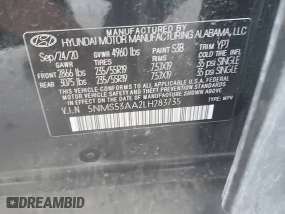 2020 Hyundai Santa Fe Limited с VIN 5NMS53AA2LH283735, выставлен на аукционе Copart как лот 63478585 с пробегом 63 798 миль миль и Списание • Salvage title. История ставок и продаж доступна на DreamBid. Изображение 13.