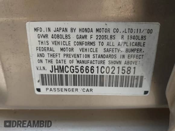 2001 Honda Accord EX with VIN JHMCG56661C021581, listed as a IAAI auction lot 43148965 with 147,618 mi miles and . Bid and sale history available at DreamBid. Image 9.