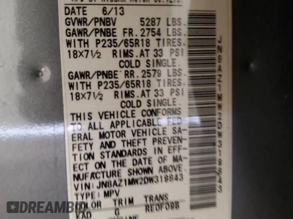 2013 Nissan Murano LE с VIN JN8AZ1MW2DW319843, выставлен на аукционе Copart как лот 57519175 с пробегом 143 812 миль миль и Чистый • Clean title. История ставок и продаж доступна на DreamBid. Изображение 13.