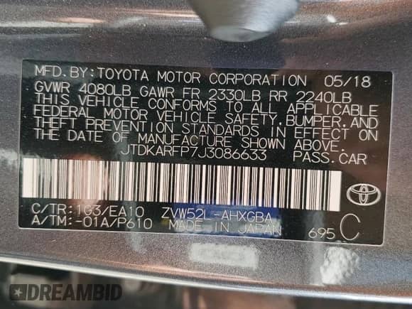 2018 Toyota Prius Plus z VIN JTDKARFP7J3086633, wystawiony jako Copart lot #82094685 z przebiegiem 275 692 mil mil oraz Szkoda całkowita • Salvage title. Historia ofert i sprzedaży dostępna na DreamBid. Obrazek 12.