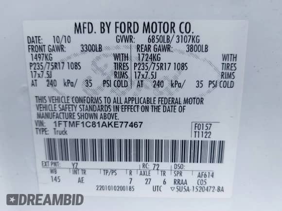 2010 Ford F-150 XL with VIN 1FTMF1C81AKE77467, listed as a IAAI auction lot 41396137 with 115,515 mi miles and . Bid and sale history available at DreamBid. Image 9.