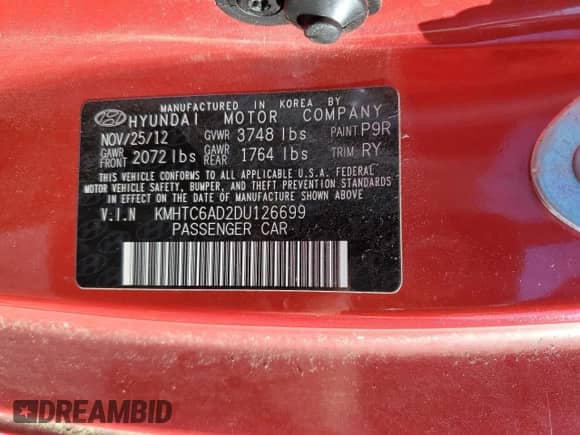 2013 Hyundai Veloster w/Black Int z VIN KMHTC6AD2DU126699, wystawiony jako Copart lot #57329805 z przebiegiem 85 303 mil mil oraz Szkoda całkowita • Salvage title. Historia ofert i sprzedaży dostępna na DreamBid. Obrazek 12.