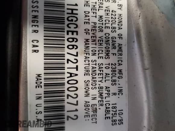 1996 Honda Accord EX z VIN 1HGCE6672TA002712, wystawiony jako Copart lot #88816205 z przebiegiem 205 790 mil mil oraz Szkoda całkowita • Salvage title. Historia ofert i sprzedaży dostępna na DreamBid. Obrazek 14.