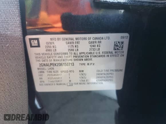 2013 Chevrolet Equinox LT with VIN 2GNALPEK2D6150713, listed as a Copart auction lot 62319885 with 190,545 mi miles and Salvage title. Bid and sale history available at DreamBid. Image 12.