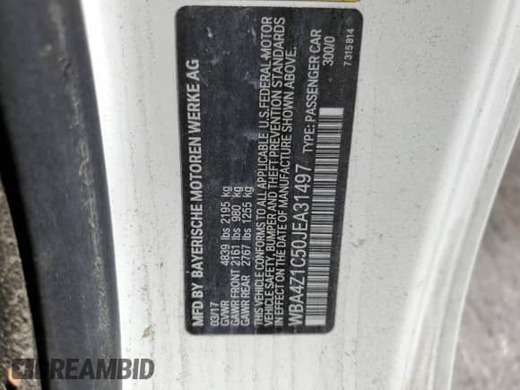 2018 BMW 4 Series 430i with VIN WBA4Z1C50JEA31497, listed as a Copart auction lot 69812385 with Not provided miles and Non repairable. Bid and sale history available at DreamBid. Image 12.