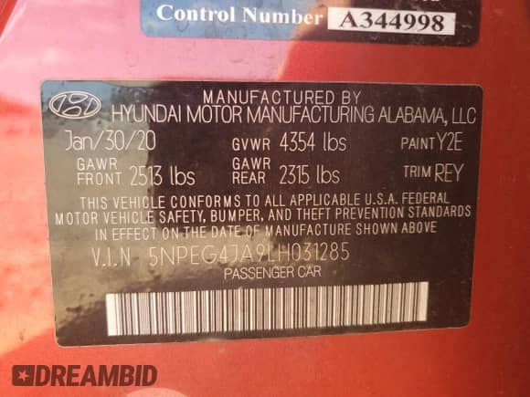 2020 Hyundai Sonata SE с VIN 5NPEG4JA9LH031285, выставлен на аукционе Copart как лот 71022385 с пробегом 81 115 миль миль и Списание • Salvage title. История ставок и продаж доступна на DreamBid. Изображение 12.