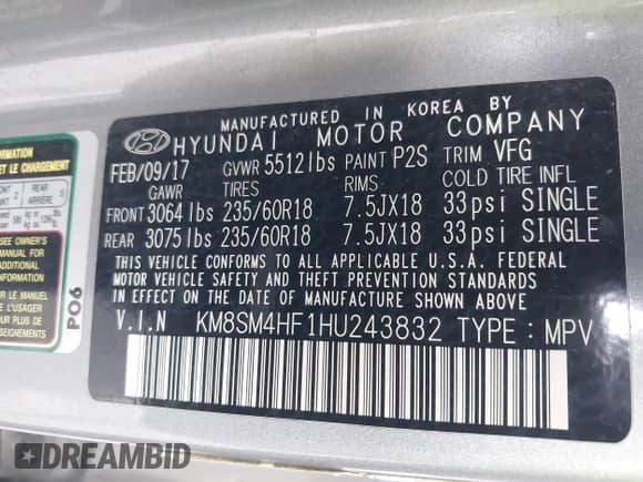 2017 Hyundai Santa Fe SE z VIN KM8SM4HF1HU243832, wystawiony jako IAAI lot #43320326 z przebiegiem 86 588 mil mil oraz . Historia ofert i sprzedaży dostępna na DreamBid. Obrazek 9.