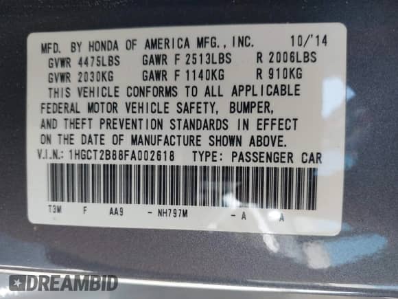 2015 Honda Accord EX-L z VIN 1HGCT2B88FA002618, wystawiony jako IAAI lot #43312590 z przebiegiem 45 640 mil mil oraz . Historia ofert i sprzedaży dostępna na DreamBid. Obrazek 9.