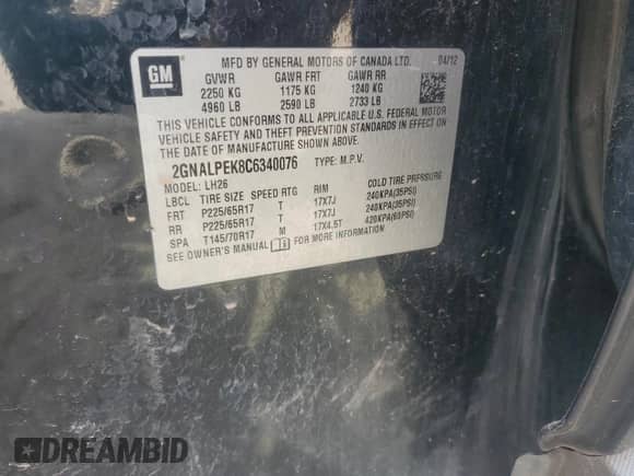 2012 Chevrolet Equinox 2LT with VIN 2GNALPEK8C6340076, listed as a Copart auction lot 80365365 with 165,905 mi miles and Salvage title. Bid and sale history available at DreamBid. Image 13.