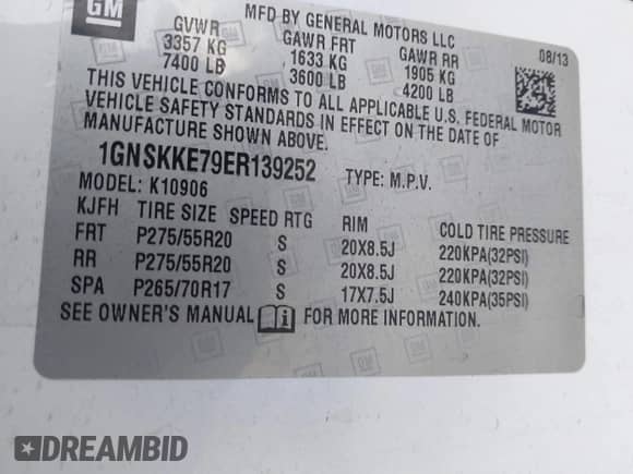 2014 Chevrolet Suburban LTZ with VIN 1GNSKKE79ER139252, listed as a IAAI auction lot 41197789 with 170,065 mi miles and . Bid and sale history available at DreamBid. Image 9.