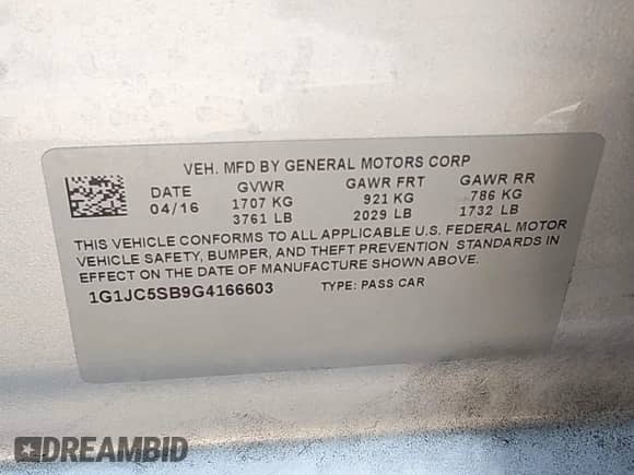 2016 Chevrolet Sonic LT with VIN 1G1JC5SB9G4166603, listed as a IAAI auction lot 43396791 with 97,775 mi miles and . Bid and sale history available at DreamBid. Image 9.