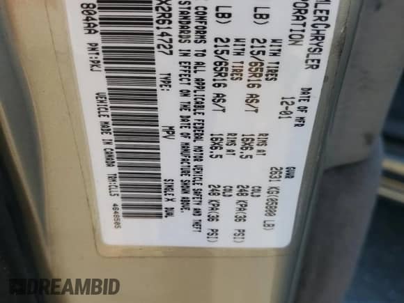 2002 Dodge Grand Caravan with VIN 2B8GT54LX2R614727, listed as a Copart auction lot 71692035 with Not provided miles and Salvage title. Bid and sale history available at DreamBid. Image 13.