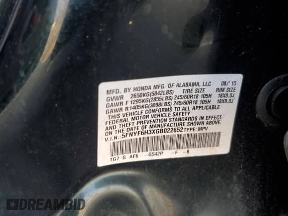 2016 Honda Pilot EX with VIN 5FNYF6H3XGB022652, listed as a Copart auction lot 68511145 with 183,590 mi miles and Salvage title. Bid and sale history available at DreamBid. Image 13.