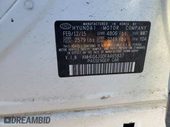 2015 Hyundai Azera с VIN KMHFG4JG0FA465837, выставлен на аукционе Copart как лот 69883475 с пробегом 92 322 миль миль и Списание • Salvage title. История ставок и продаж доступна на DreamBid. Изображение 12.