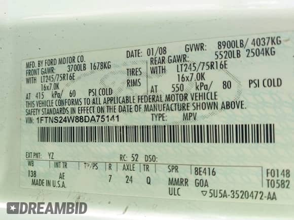 2008 Ford Econoline Cargo Commercial с VIN 1FTNS24W88DA75141, выставлен на аукционе IAAI как лот 41974472 с пробегом 188 618 миль миль и . История ставок и продаж доступна на DreamBid. Изображение 9.