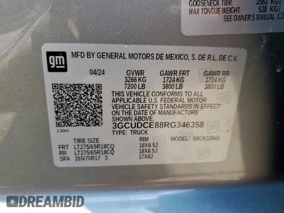 2024 Chevrolet Silverado 1500 Custom Trail Boss z VIN 3GCUDCE88RG346358, wystawiony jako Copart lot #68303935 z przebiegiem Nie podano mil oraz Szkoda całkowita • Salvage title. Historia ofert i sprzedaży dostępna na DreamBid. Obrazek 12.