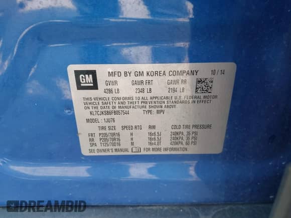 2015 Chevrolet Trax LS z VIN KL7CJKSB6FB057544, wystawiony jako IAAI lot #42993725 z przebiegiem 41 360 mil mil oraz . Historia ofert i sprzedaży dostępna na DreamBid. Obrazek 9.