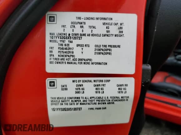 1999 Chevrolet Corvette with VIN 1G1YY32G3X5120727, listed as a Copart auction lot 74488604 with Not provided miles and Salvage title. Bid and sale history available at DreamBid. Image 13.