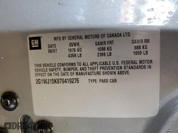 2007 Chevrolet Monte Carlo LS z VIN 2G1WJ15K879419276, wystawiony jako Copart lot #70819755 z przebiegiem 86 065 mil mil oraz Szkoda całkowita • Salvage title. Historia ofert i sprzedaży dostępna na DreamBid. Obrazek 12.