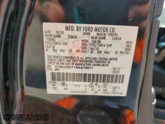 2011 Ford Escape XLT с VIN 1FMCU9D71BKA79811, выставлен на аукционе Copart как лот 63732235 с пробегом 240 338 миль миль и Списание • Salvage title. История ставок и продаж доступна на DreamBid. Изображение 13.