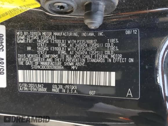 2013 Toyota Sienna XLE with VIN 5TDYK3DC0DS280864, listed as a Copart auction lot 82094475 with 191,281 mi miles and Salvage title. Bid and sale history available at DreamBid. Image 13.
