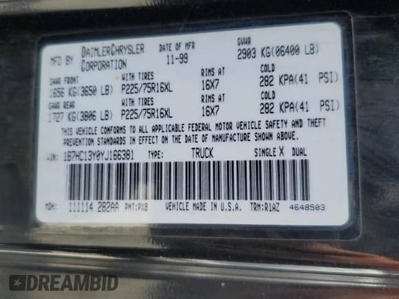 2000 Dodge 1500 with VIN 1B7HC13Y0YJ166381, listed as a Copart auction lot 67524955 with Not provided miles and Salvage title. Bid and sale history available at DreamBid. Image 12.