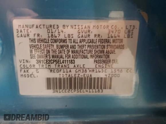 2014 Nissan Note SV with VIN 3N1CE2CP5EL411183, listed as a Copart auction lot 84999465 with 116,090 mi miles and Salvage title. Bid and sale history available at DreamBid. Image 12.