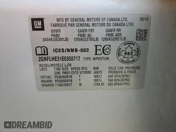 2014 Chevrolet Equinox LTZ with VIN 2GNFLHE31E6358717, listed as a Copart auction lot 71447365 with Not provided miles and Salvage title. Bid and sale history available at DreamBid. Image 13.