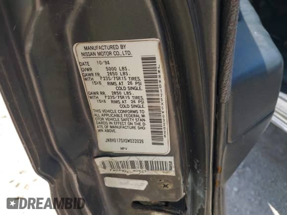 1995 Nissan Pathfinder LE with VIN JN8HD17SXSW032026, listed as a IAAI auction lot 42336333 with 267,008 mi miles and . Bid and sale history available at DreamBid. Image 9.