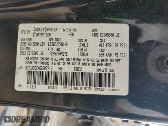 2006 Dodge 3500 Laramie with VIN 3D7LX39CX6G207710, listed as a Copart auction lot 50928795 with Not provided miles and Salvage title. Bid and sale history available at DreamBid. Image 14.
