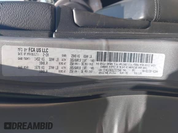 2020 Jeep Grand Cherokee Limited X with VIN 1C4RJFBG3LC317548, listed as a IAAI auction lot 42557544 with 34,401 mi miles and . Bid and sale history available at DreamBid. Image 9.