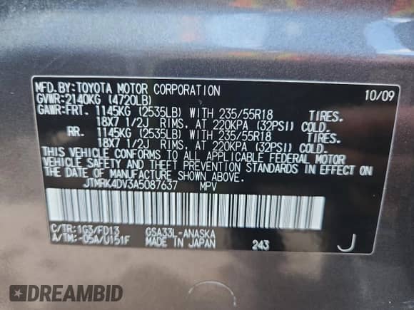 2010 Toyota RAV4 Sport with VIN JTMRK4DV3A5087637, listed as a Copart auction lot 85744535 with 215,267 mi miles and Salvage title. Bid and sale history available at DreamBid. Image 13.