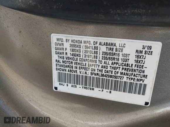 2009 Honda Odyssey EX with VIN 5FNRL38429B050727, listed as a IAAI auction lot 43100771 with 158,636 mi miles and . Bid and sale history available at DreamBid. Image 9.