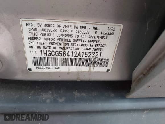 2002 Honda Accord LX with VIN 1HGCG56412A152321, listed as a IAAI auction lot 43494690 with 238,282 mi miles and . Bid and sale history available at DreamBid. Image 9.