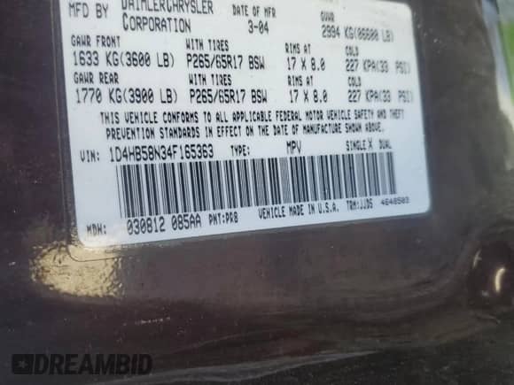 2004 Dodge Durango Limited с VIN 1D4HB58N34F165363, выставлен на аукционе Copart как лот 52456235 с пробегом 273 854 миль миль и Списание • Salvage title. История ставок и продаж доступна на DreamBid. Изображение 14.