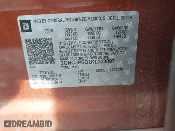 2019 Chevrolet Trax LT с VIN 3GNCJPSB1KL323097, выставлен на аукционе IAAI как лот 43359297 с пробегом 66 564 миль миль и . История ставок и продаж доступна на DreamBid. Изображение 9.