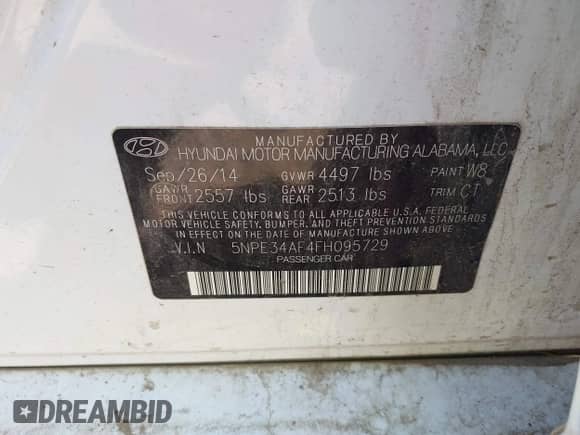 2015 Hyundai Sonata Limited с VIN 5NPE34AF4FH095729, выставлен на аукционе IAAI как лот 43411976 с пробегом Не указан миль и . История ставок и продаж доступна на DreamBid. Изображение 9.