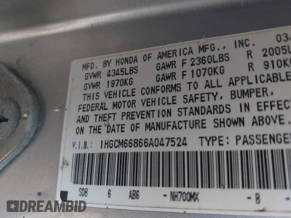 2006 Honda Accord EX-L z VIN 1HGCM66866A047524, wystawiony jako IAAI lot #42301257 z przebiegiem 196 658 mil mil oraz . Historia ofert i sprzedaży dostępna na DreamBid. Obrazek 9.