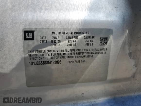 2013 Chevrolet Sonic LT with VIN 1G1JC6SB8D4193096, listed as a Copart auction lot 68785655 with 80,478 mi miles and Salvage title. Bid and sale history available at DreamBid. Image 12.